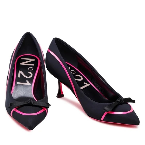 NWOT No. 21 Numero Ventuno Black and Hot Pink Bow Heels - Picture 1 of 11